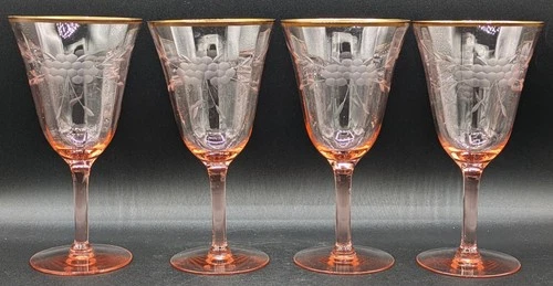 4 Pink Depression Wine Glasses with Gold Rim Ribbed Optic Bowls Cut Flowers