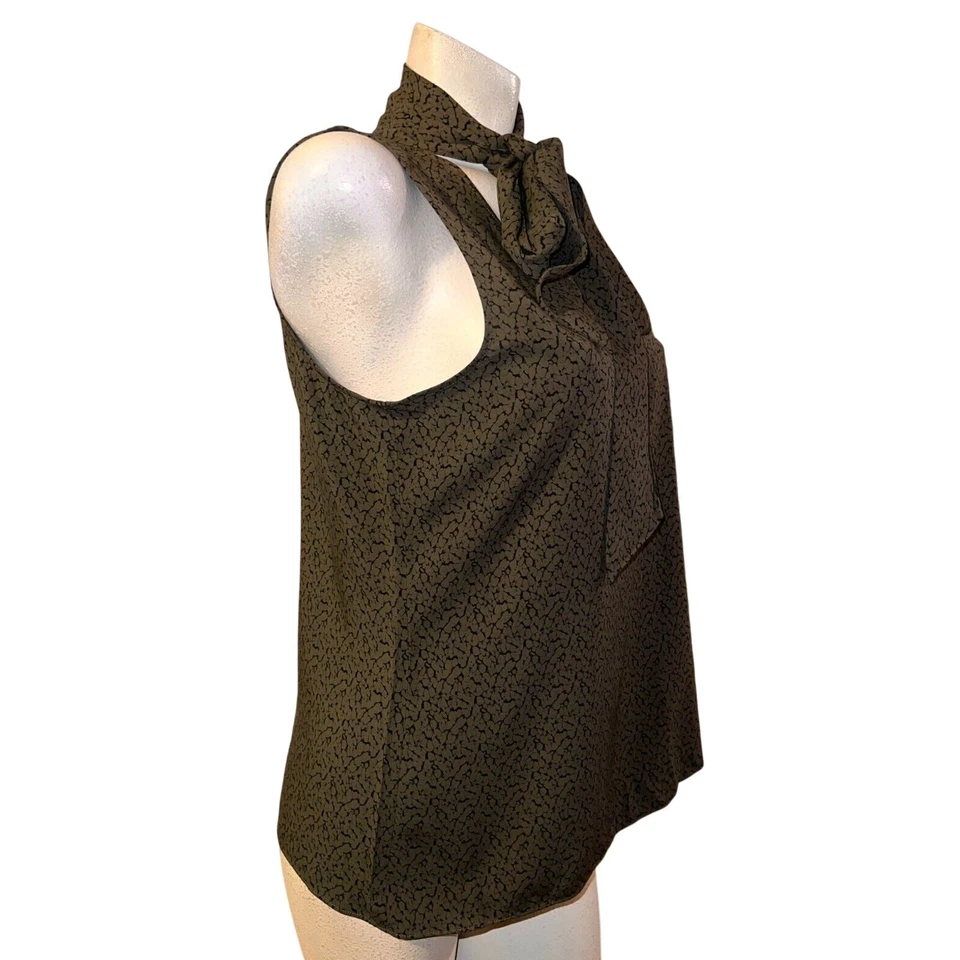 New J BRAND Top Women's Size M Green Black Strap Bow Tie Neck Slvls Blouse $225 - Image 3 of 4