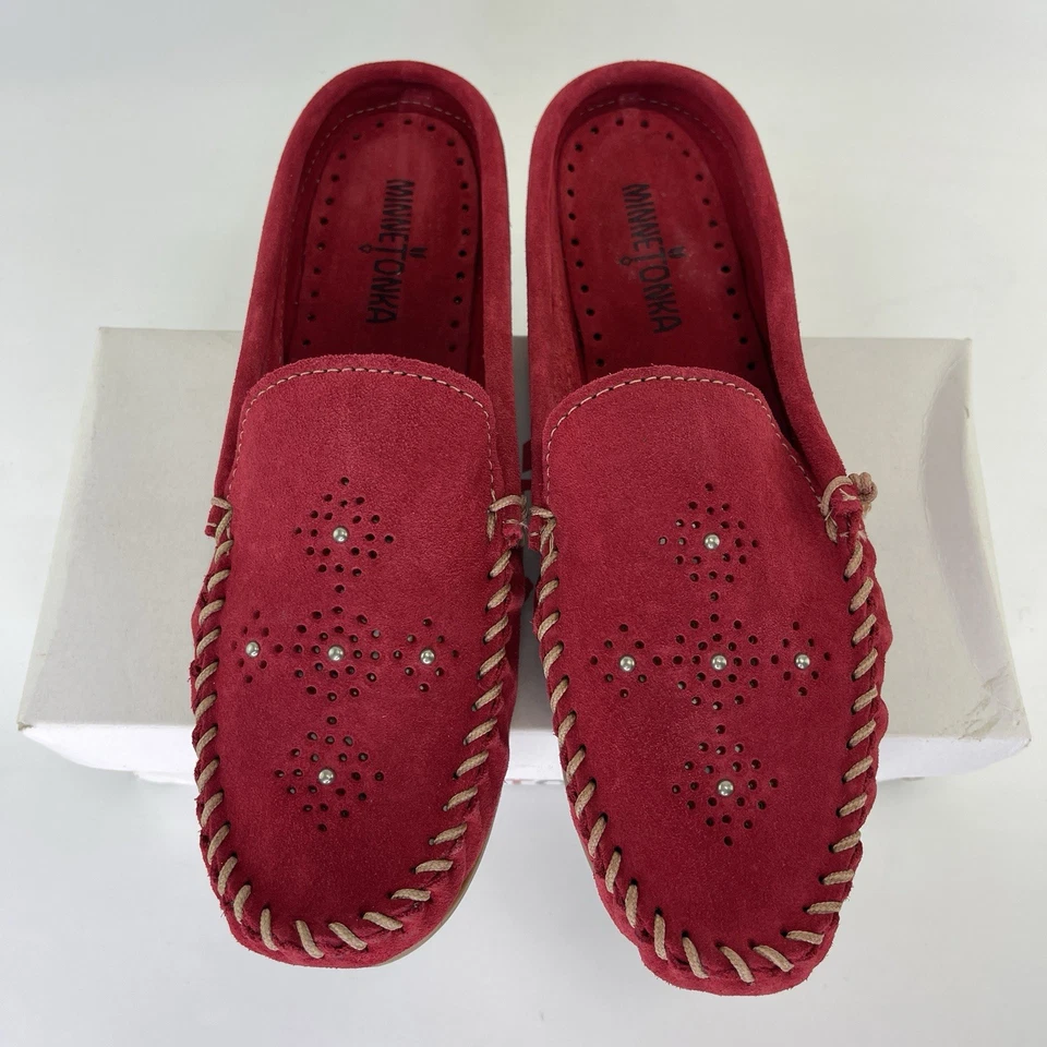 Mocasines Minnetonka Rojo Gamuza Mula Conducción Moc Diseño Recortado Sin Cordones Talla 10 Foto 3 de 4