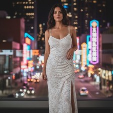 Saylor Lace Dress Ruched Bodycon Spaghetti Strap Cream Midi Dress Size Medium