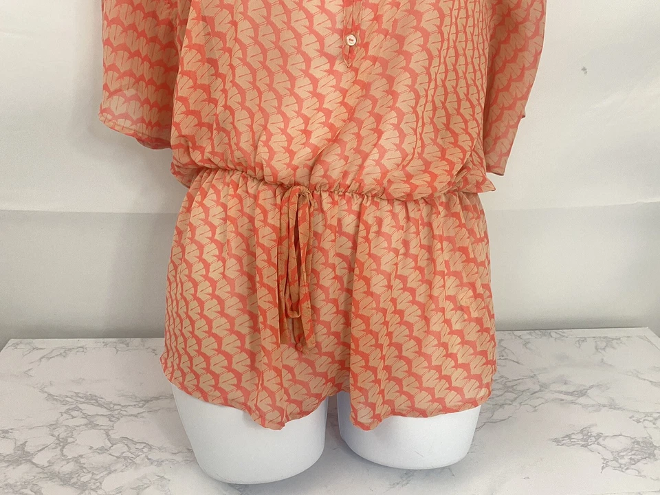 Alya Womens S Short Sleeve Top Orange Sheer Half Button Down Waist Tie Blouse A1 - Image 2 of 4
