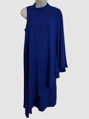 $495 Rickie Freeman For Teri Jon Women's Blue One-Shoulder Crepe Cape Dress Sz 2