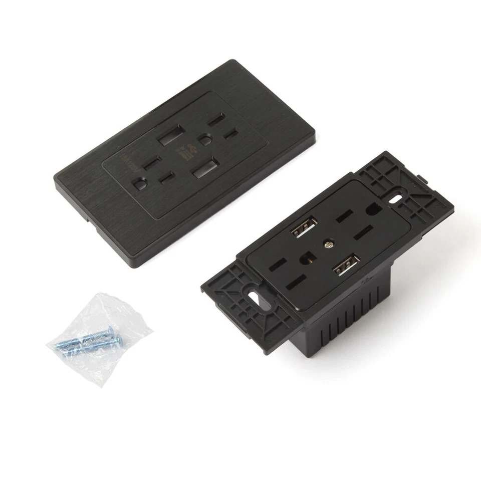15A 110V Dual USB Socket Multi-function Black Brushed Wall Outlet US LOT - Image 2 of 4