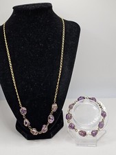 Amethyst Necklace Bracelet Chap Oro Set Caged Wire Stone Goldtone Retro Glam