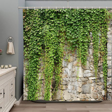 Stone Brick Wall Shower Curtain Green Leaves Garden Landscape Nature Plant Scene