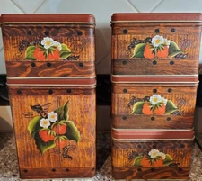 Set of 5  Vintage J.L. Clark Strawberry Blossom on Wood Canisters 1 Tall 4 Short