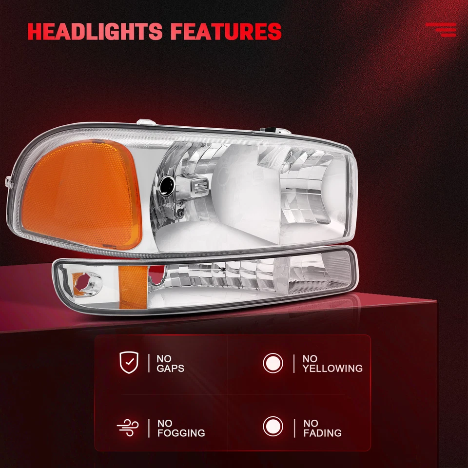 Headlights Assembly For 1999-2007 GMC Sierra Yukon XL 1500 Chrome Housing Pair - Image 2 of 4