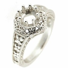 Sterling Silver Semi Mount Ring Setting Round RD 6x6mm Art Deco Style