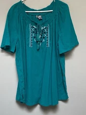 Catherines Womens Smocked Neckline Teal Embroidered Crepe Shirt V Neck 2XL