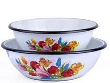 SET OF 2 Tulips Flower Enamel Bowls Enameled Mixing Bowl Set 1.6qt 2.6qt UKRIANE