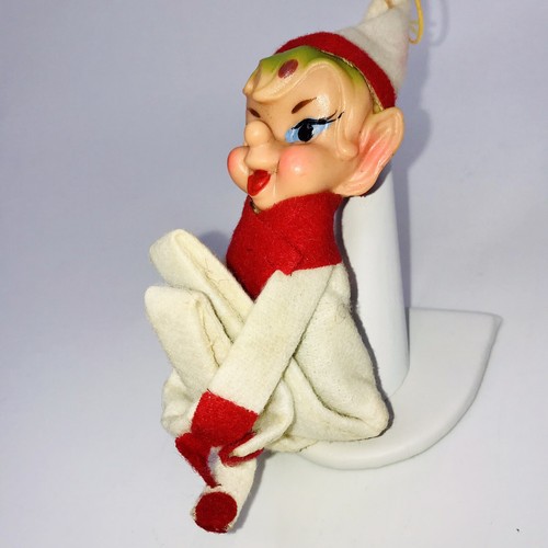 Vintage Knee Hugger Pixie Elf Christmas Ornament Shelf Sitter White & Green Hair - Picture 8 of 20