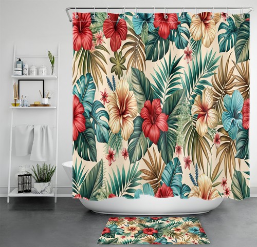 Tropical Plant Green Leaf Red Floral Beige Shower Curtain Set for Bathroom Decor - Picture 17 of 23