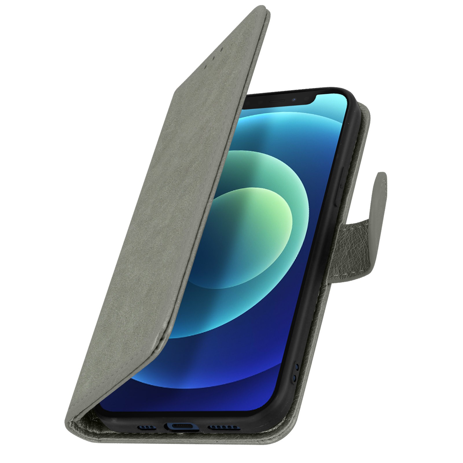 Housse iPhone 12 grise avec rangement de carte et clapet support vidéo pour visionnage