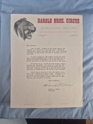 Vtg Harrold Bros Circus Correspondence Letter Letterhead Free Pass Ticket Offer