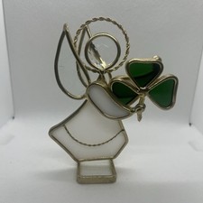Stained Glass Angel With Shamrock Clover Brass Sun Catcher White Green Signed