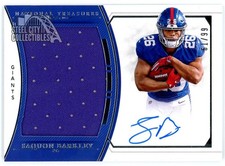 Saquon Barkley 2018 Panini National Treasures Rookie Patch Autograph Card 61/99. rookie card picture