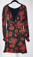 FREE PEOPLE Size 0 Black Red Floral V-Neck Shirt Dress Lined Above Knee