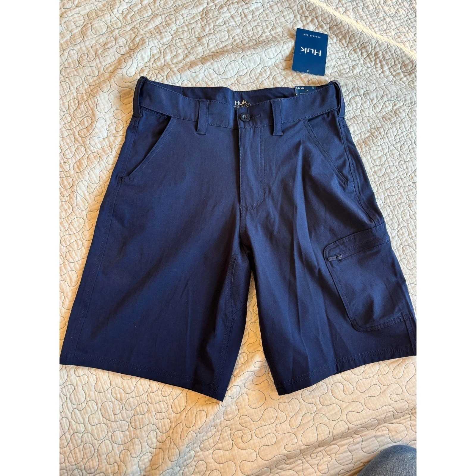 Huk Mens 10.5 Short Navy Blue Performance Fishing Cargo Shorts Size Small