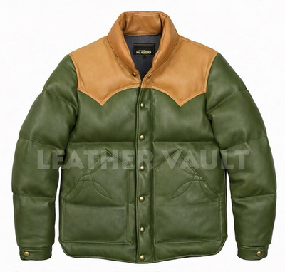 Handmade Western Lambskin Leather Puffer Jacket | Olive Green Tan Winter Coat