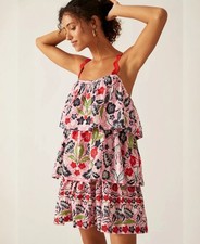 Anthropologie x Maeve Tiered Printed Embroidered Mini Dress Pink Red Cotton sz M
