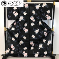 SUMMER KIMONO YUKATA Peony flower pattern Butterflies BLACK K-5134