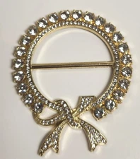 Vintage Rhinestone Scarf Slide Goldtone Wreath Bow Scarf Holder Buckle Crafts