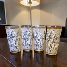 4 Vtg Cera Medieval Knights Highball Glasses 22K Gold Camelot Renaissance MCM