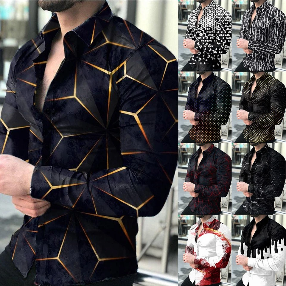 Casual-Button Down Shirt Men Printed Fashion Casual Long Sleeve Party Tee Tops#A - Image 3 of 4