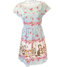 Kawaii Strawberry Cat Print Dress Pastel Blue Bow Novelty Cottagecore Fit Flare