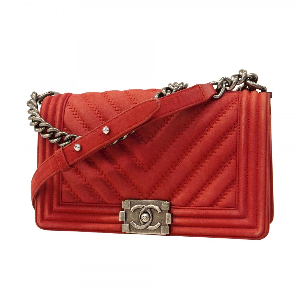 Chanel Boy V Stitch Suede Shoulder Bag Silver Chain Hardware 489030-image