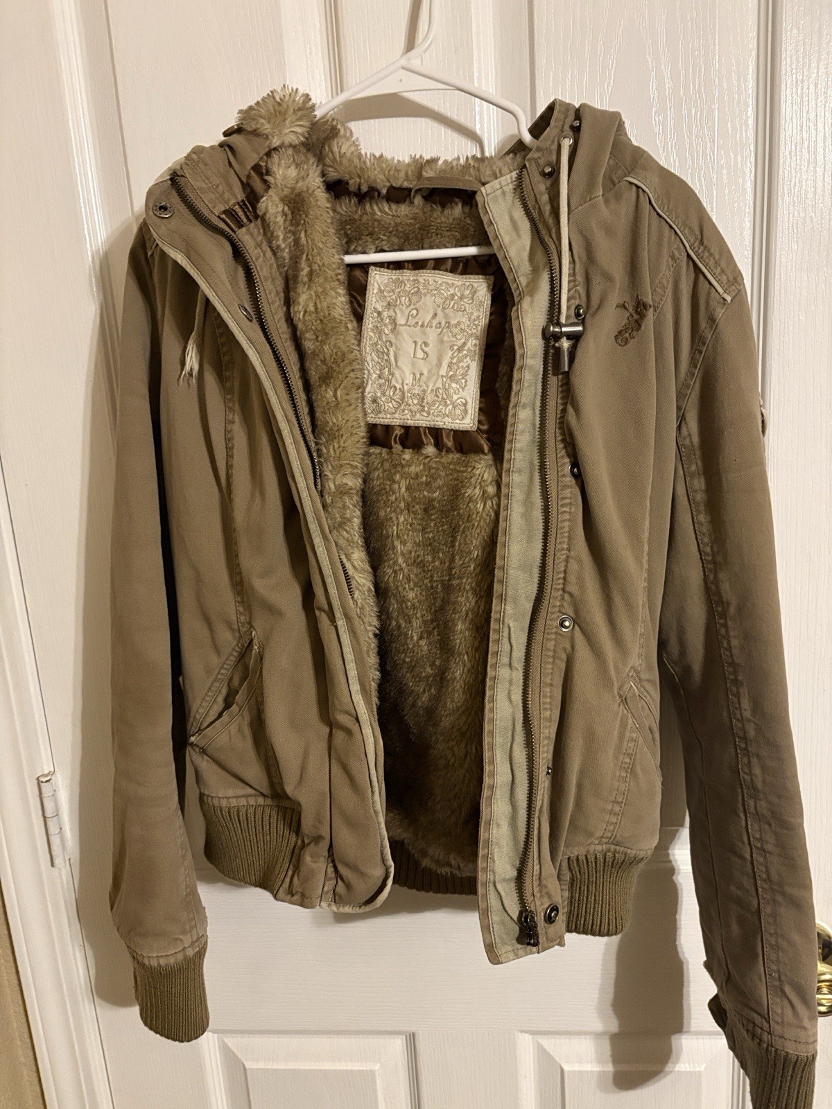 Leshop LS Hooded Faux Fur Lined Jacket Brown Zip Button Pockets Women’s M