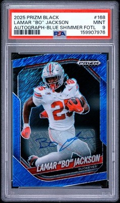 LAMAR "BO" JACKSON 2025 Prizm Black AUTOGRAPH-BLUE SHIMMER FOTL #/15 PSA 9