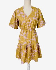 THML Dress Sz S Three Tier Puff Sleeves Green & Pink Tropical Print Resort Wear