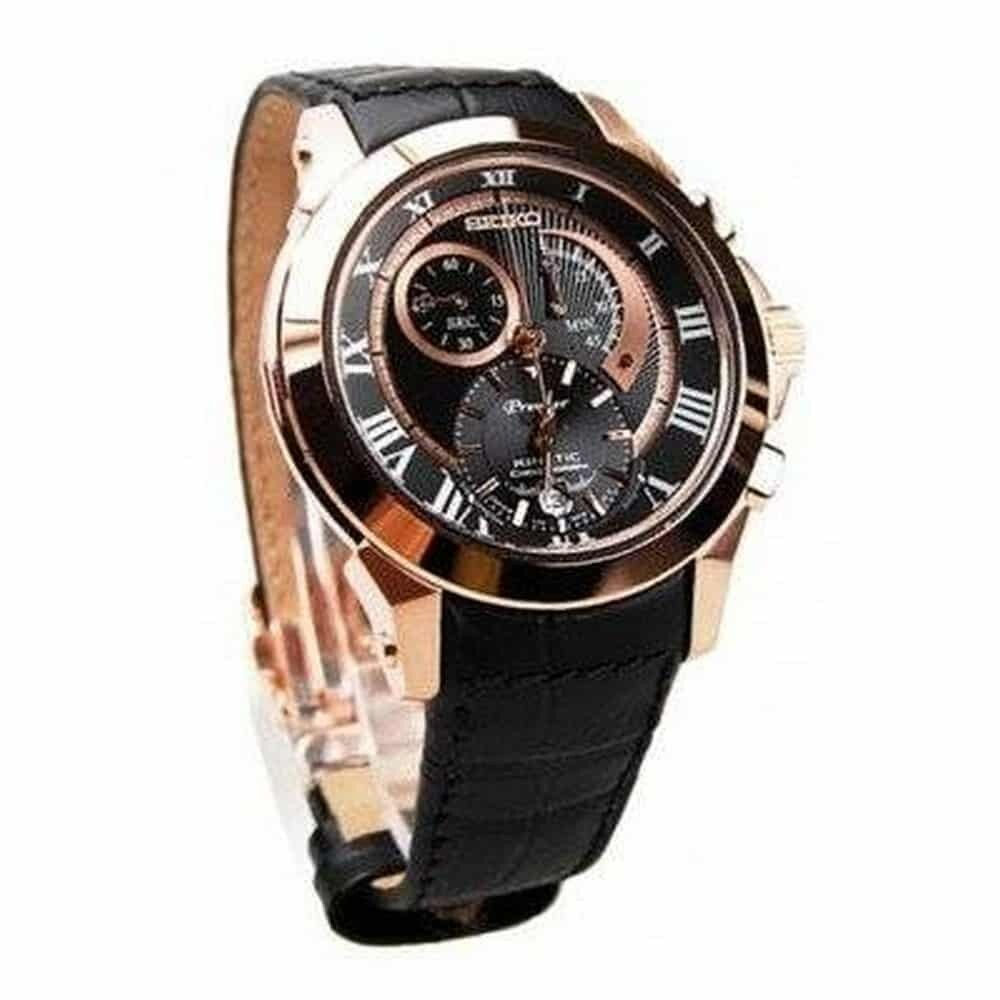 Brand New Seiko SNL044P1 Premier Kinetic Black Rose Gold Quartz