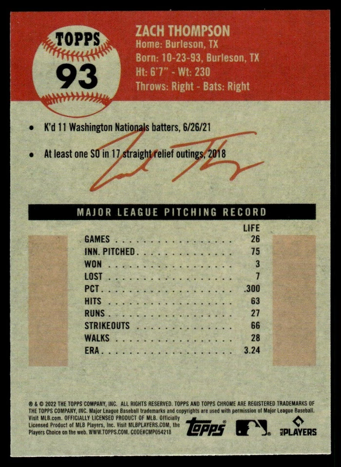 2022 Topps Chrome Platinum BLACK AND WHITE Zach Thompson Rookie Pittsburgh - Image 2 of 2