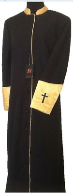 Clergy, Minister, Pastor, Preacher Men's Robe Black with Gold Cuffs