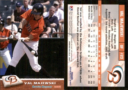 Val Majewski 2007 Grandstand Bowie Baysox RC Card FREE SHIP *AutographDen*