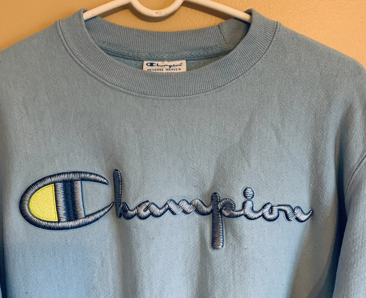 Champion Reverse Weave Blue Script Logo Crewneck … - image 2