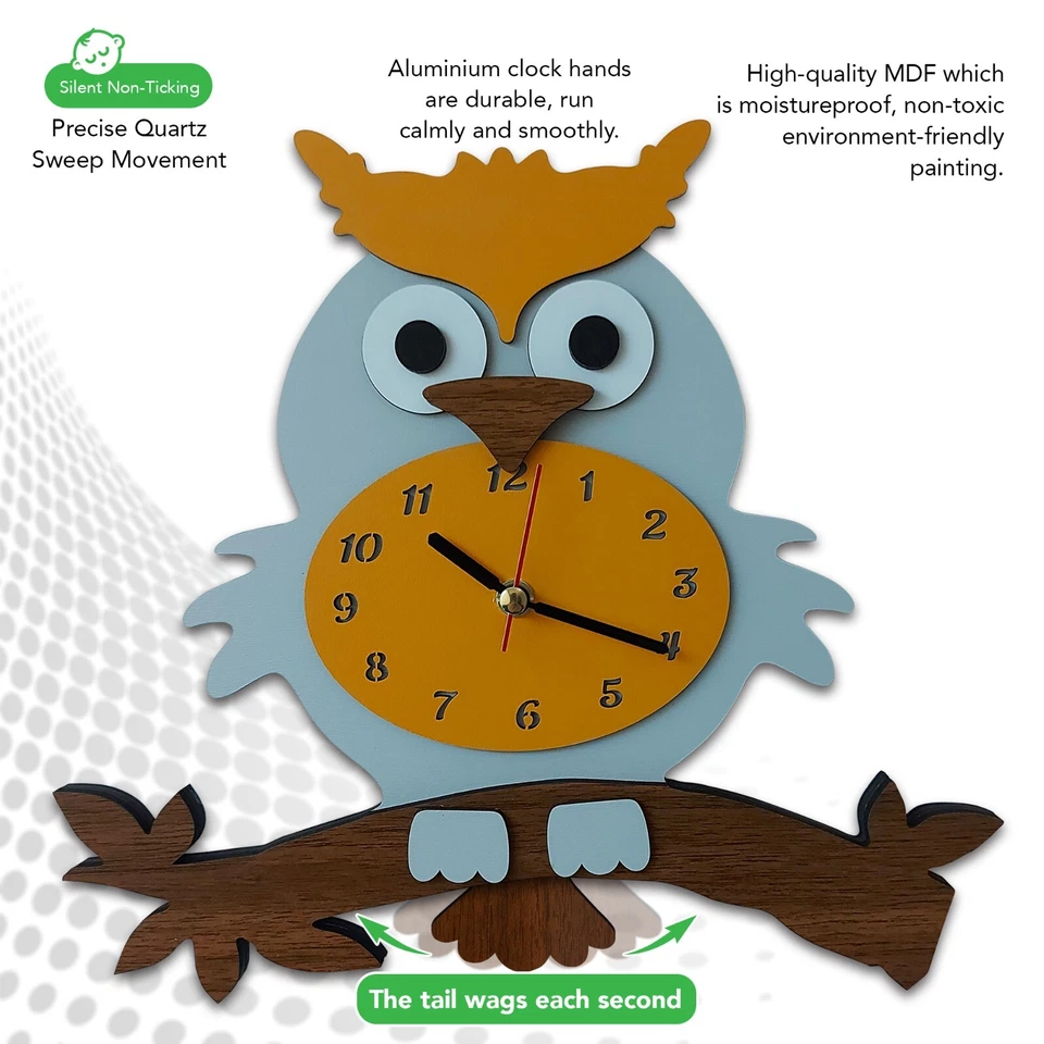 Reloj de Pared Cola Oscilante Búho Niños Reloj Analógico, Niños Niños Relojes de Pared Naranja Foto 2 de 4
