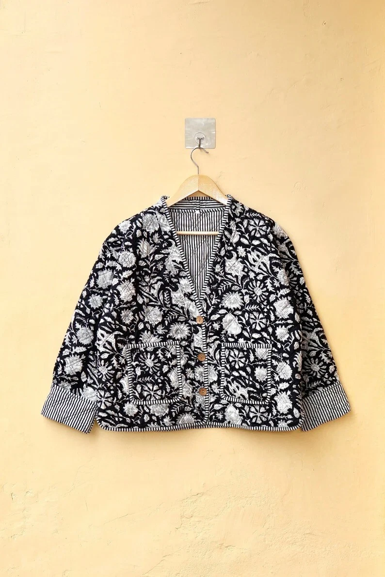 Indian Black Floral 100% Cotton Quilted Unisex Jacket Women's Clothing Jacket
