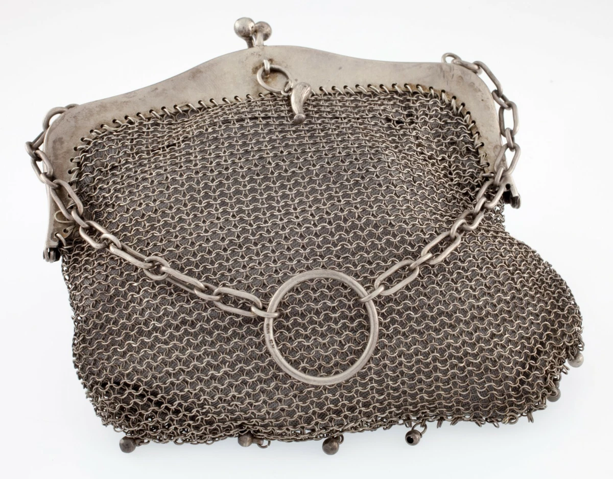 Gorgeous Sterling Silver Vintage Chainmail Coin Purse w Fabric