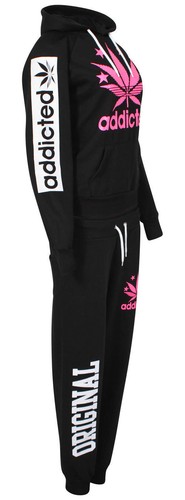 New Women's Ladies ADDICTED Jogging Bottoms Hooded Sweatshirt Track Suit UK 8-14 - Picture 3 of 14