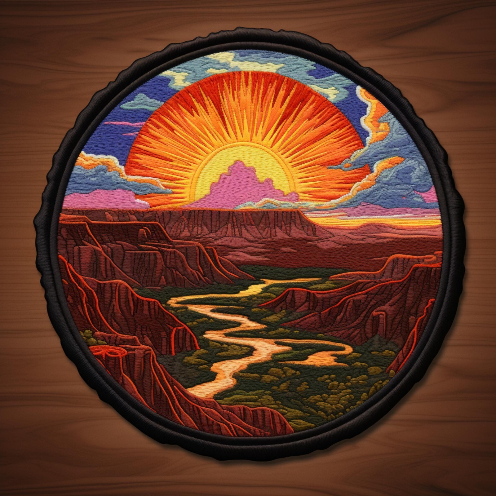 Mountain Patch Embroidered Iron-on Applique Nature River Sun