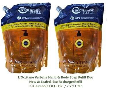 2 PC L'Occitane VERBANA Liquid Soap Hands & Body Refill JUMBO 2 X 33.8 oz SEALED
