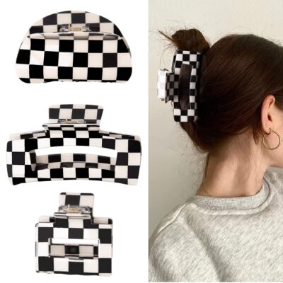 3Pcs Checkered Hair Clip,Simple Black and White Checkered Claw Clip For Women's