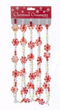 KURT ADLER 9' ACRYLIC RED/GREEN/WHITE BEADED GARLAND w/ PEPPERMINT SWIRL CANDY