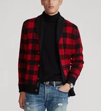 $298 Polo Ralph Lauren Men’s Buffalo Check Merino Wool Cardigan Red/Black Size M