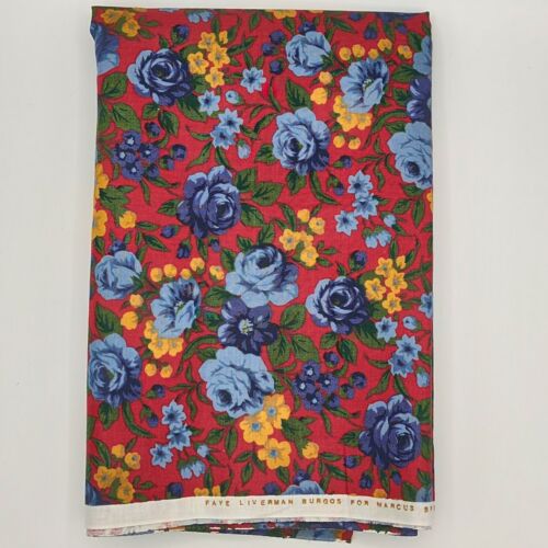 1 1/2 yds Vtg Marcus Brothers Textiles Blue Rose Floral Red Yellow Cotton Fabric - Picture 3 of 4