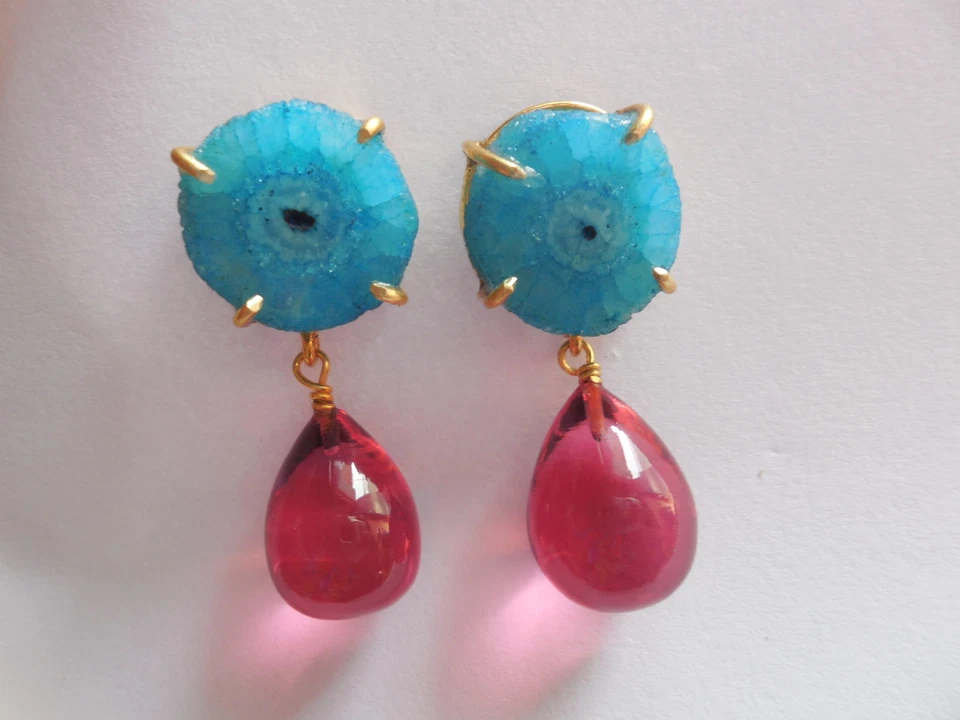 Brinco solar gota drusa pedra preciosa folheado a ouro designer de moda joia - Imagem 2 de 4