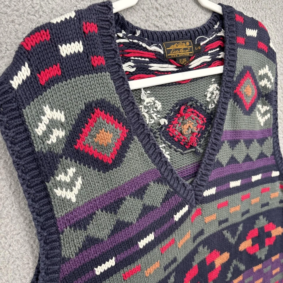 Eddie Bauer Vintage Sweater Vest Mens Large Navy Cotton Aztec 90s Southwestern - Image 3 of 4